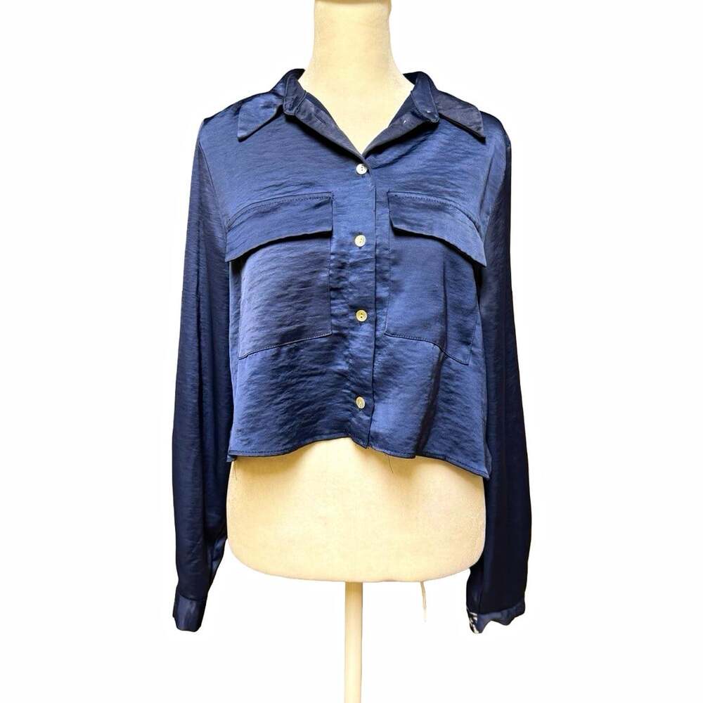 Zara Women’s Medium Navy Blue Satin Cropped Button Front Shirt Blouse